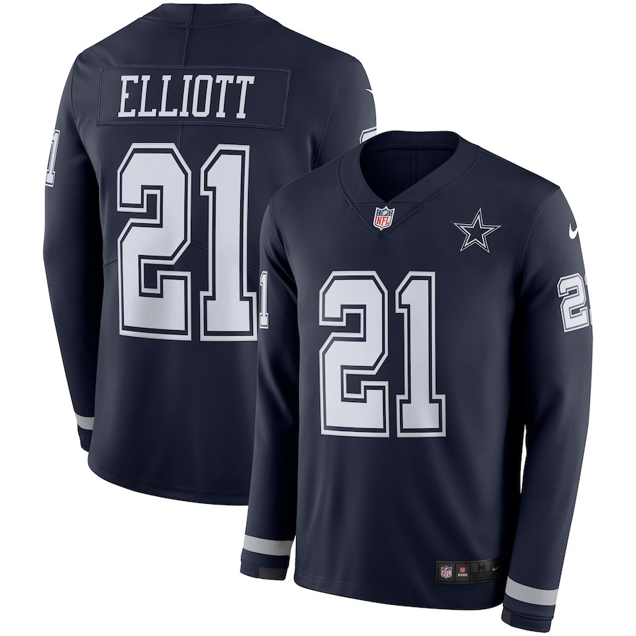 Men's Cowboys #21 Ezekiel Elliott Navy Therma Long Sleeve Stitched NFL Jersey