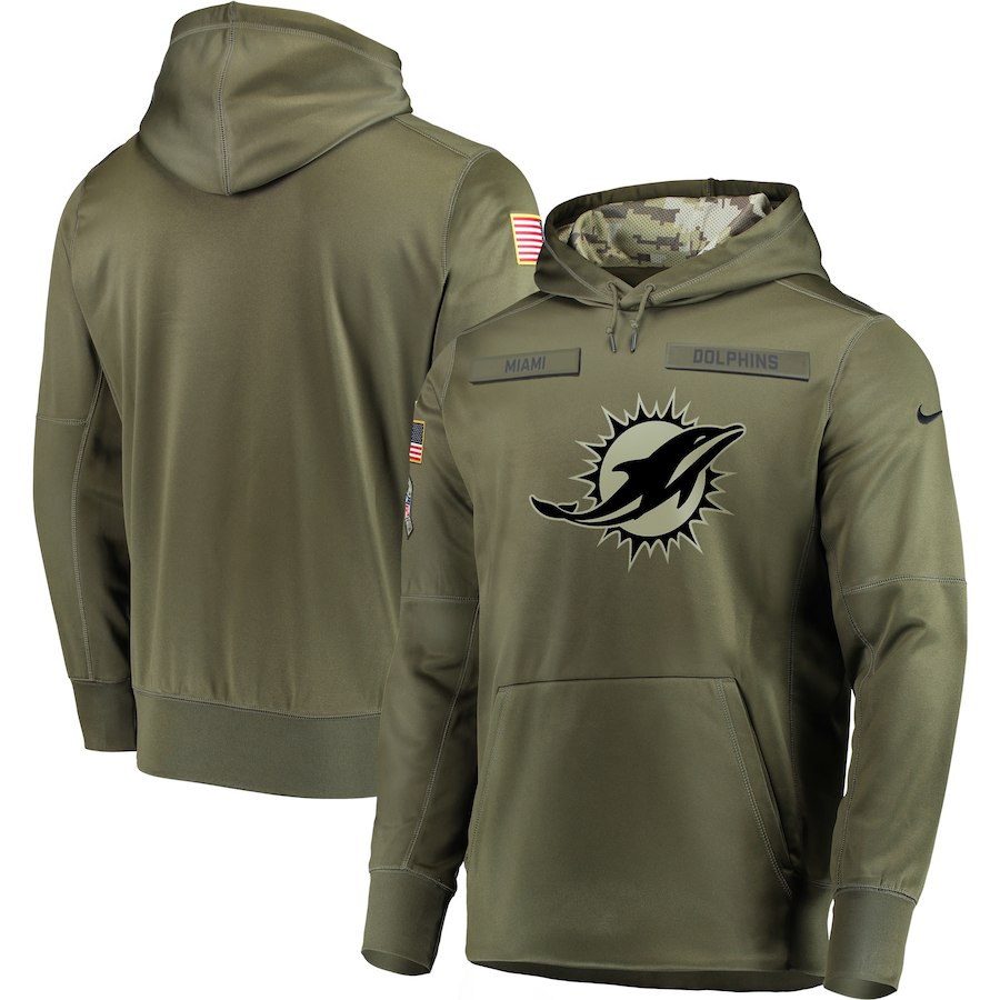 Men's Miami Dolphins 2018 Olive Salute to Service Sideline Therma Performance Pullover Stitched NFL Hoodie