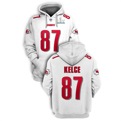 Men's Kansas City Chiefs #87 Travis Kelce White 2021 Super Bowl LIV Pullover Hoodie