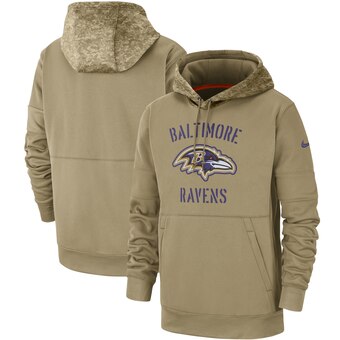 Men's Baltimore Ravens Tan 2019 Salute To Service Sideline Therma Pullover Hoodie