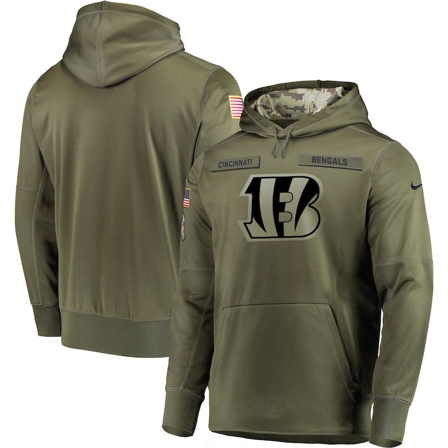 Men's Cincinnati Bengals 2018 Olive Salute to Service Sideline Therma Performance Pullover Stitched NFL Hoodie