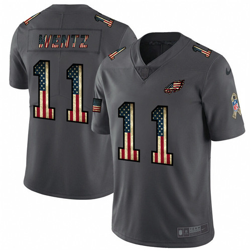 Men's Philadelphia Eagles #11 Carson Wentz Grey 2019 Salute To Service USA Flag Fashion Limited Stitched NFL Jersey