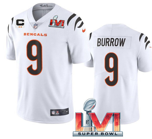 Youth Cincinnati Bengals #9 Joe Burrow 2022 White With C Patch Super Bowl LVI Vapor Limited Stitched Jersey