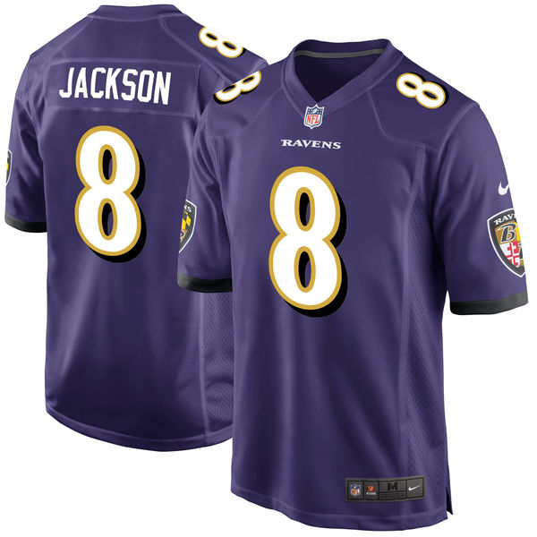 Men's Baltimore Ravens #8 Lamar Jackson Purple 2018 NFL Draft First Round Pick Game Jersey