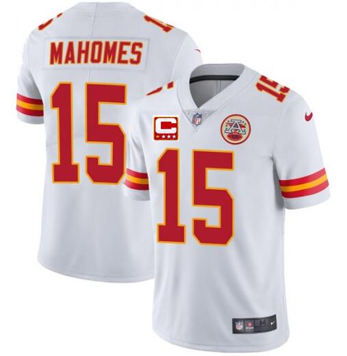 Men's Chiefs #15 Patrick Mahomes White With C Patch Limited Stitched NFL Jersey