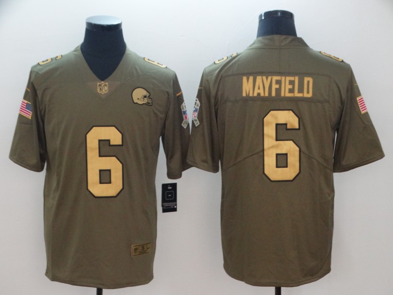 Men's Browns #6 Baker Mayfield Gold Anthracite Olive Salute To Service Limited Stitched NFL Jersey