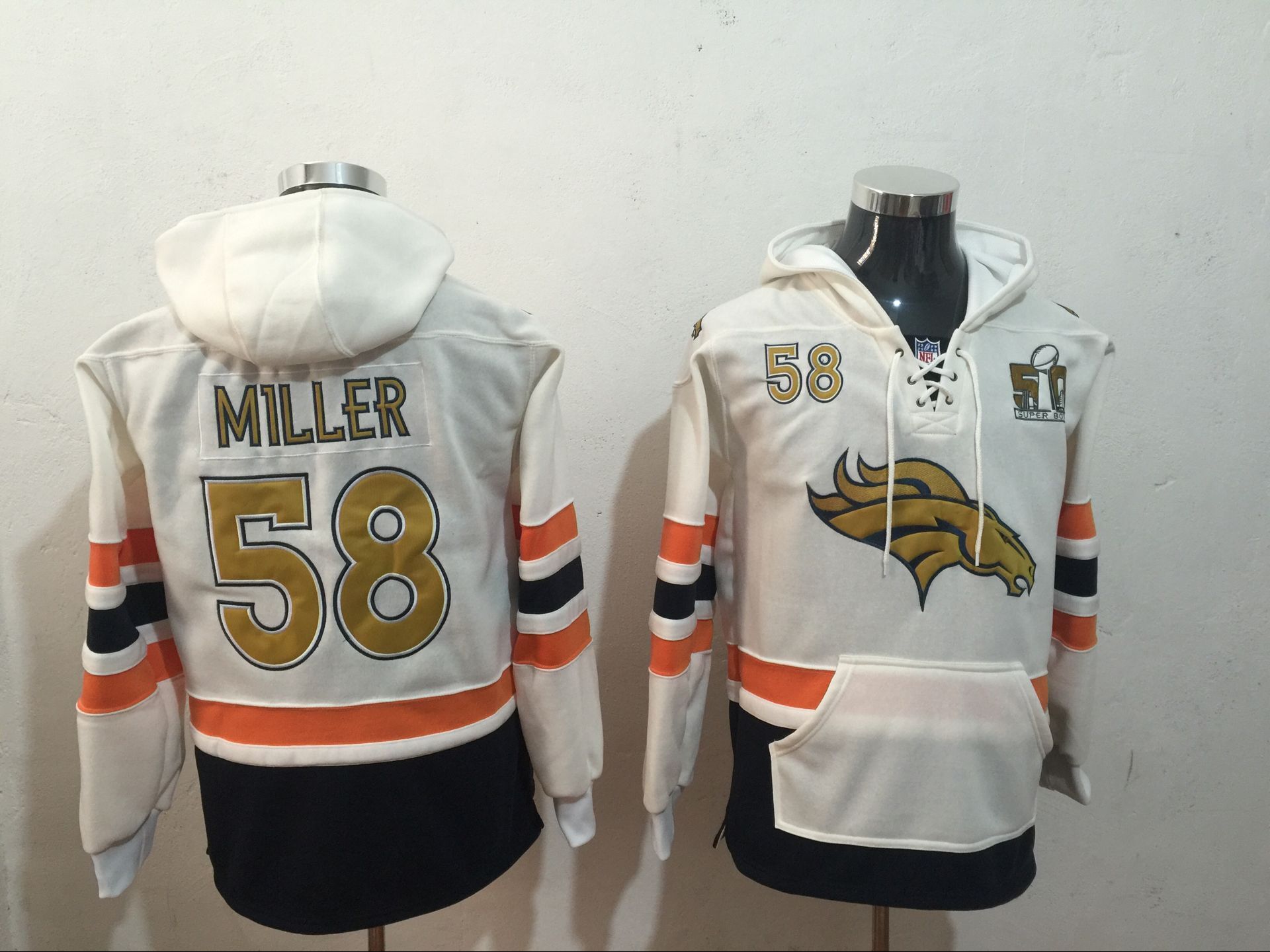 Men's Denver Broncos 58 Von Miller White Super Bowl 50 All Stitched NFL Hooded Sweatshirt