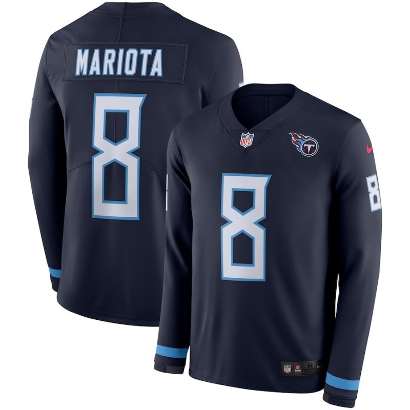 Men's Titans #8 Marcus Mariota Navy Therma Long Sleeve Stitched NFL Jersey