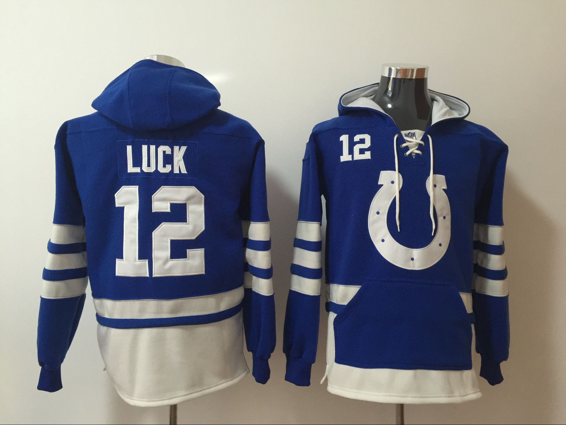 Men's Indianapolis Colts #12 Andrew Luck Blue All Stitched NFL Hooded Sweatshirt
