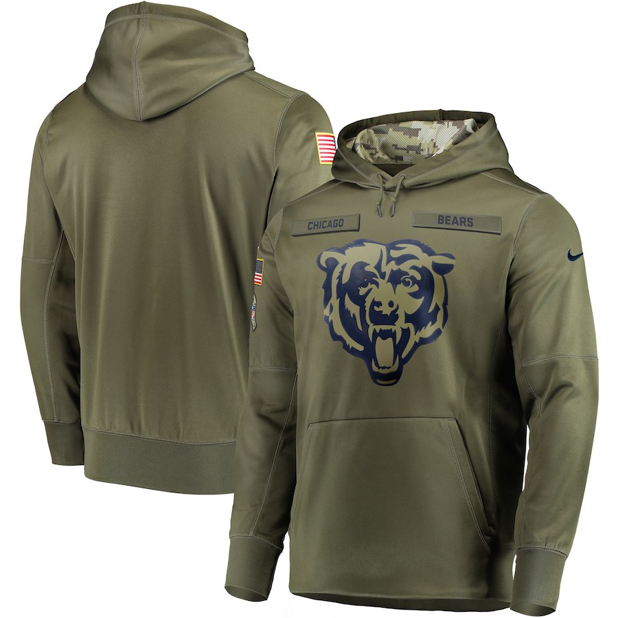 Men's Chicago Bears 2018 Olive Salute to Service Sideline Therma Performance Pullover Stitched NFL Hoodie