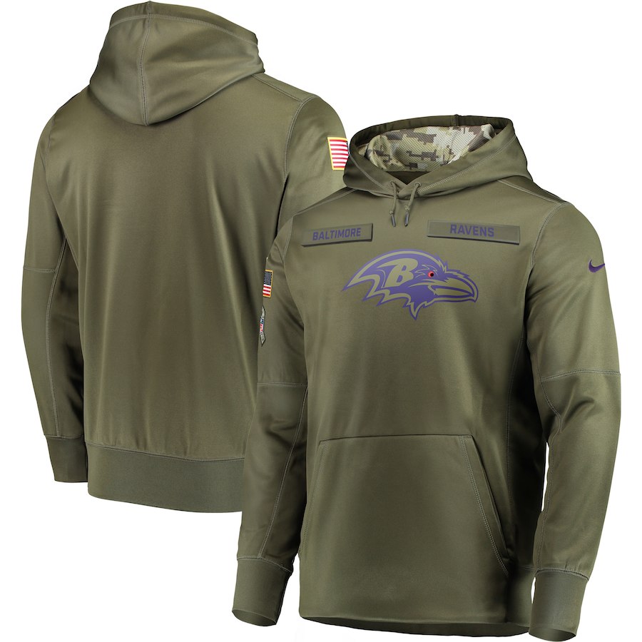 Men's Baltimore Ravens 2018 Olive Salute to Service Sideline Therma Performance Pullover Stitched NFL Hoodie