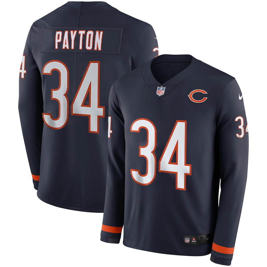 Men's Bears #34 Walter Payton Navy Therma Long Sleeve Stitched NFL Jersey