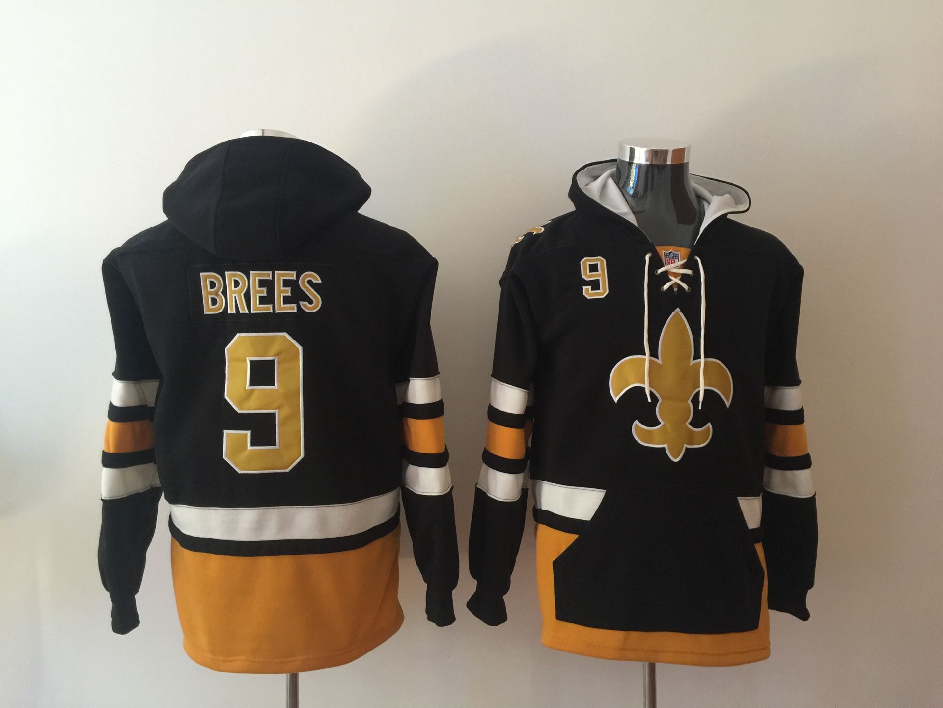 Men's New Orleans Saints #9 Drew Brees Black All Stitched NFL Hooded Sweatshirt