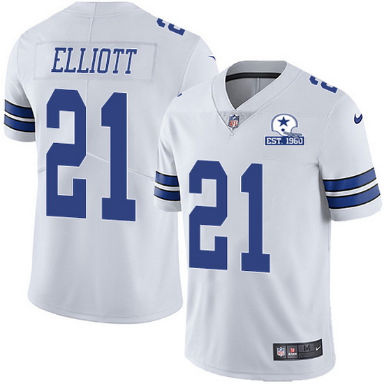 Men's Dallas Cowboys #21 Ezekiel Elliott White With Est 1960 Patch Limited Stitched NFL Jersey
