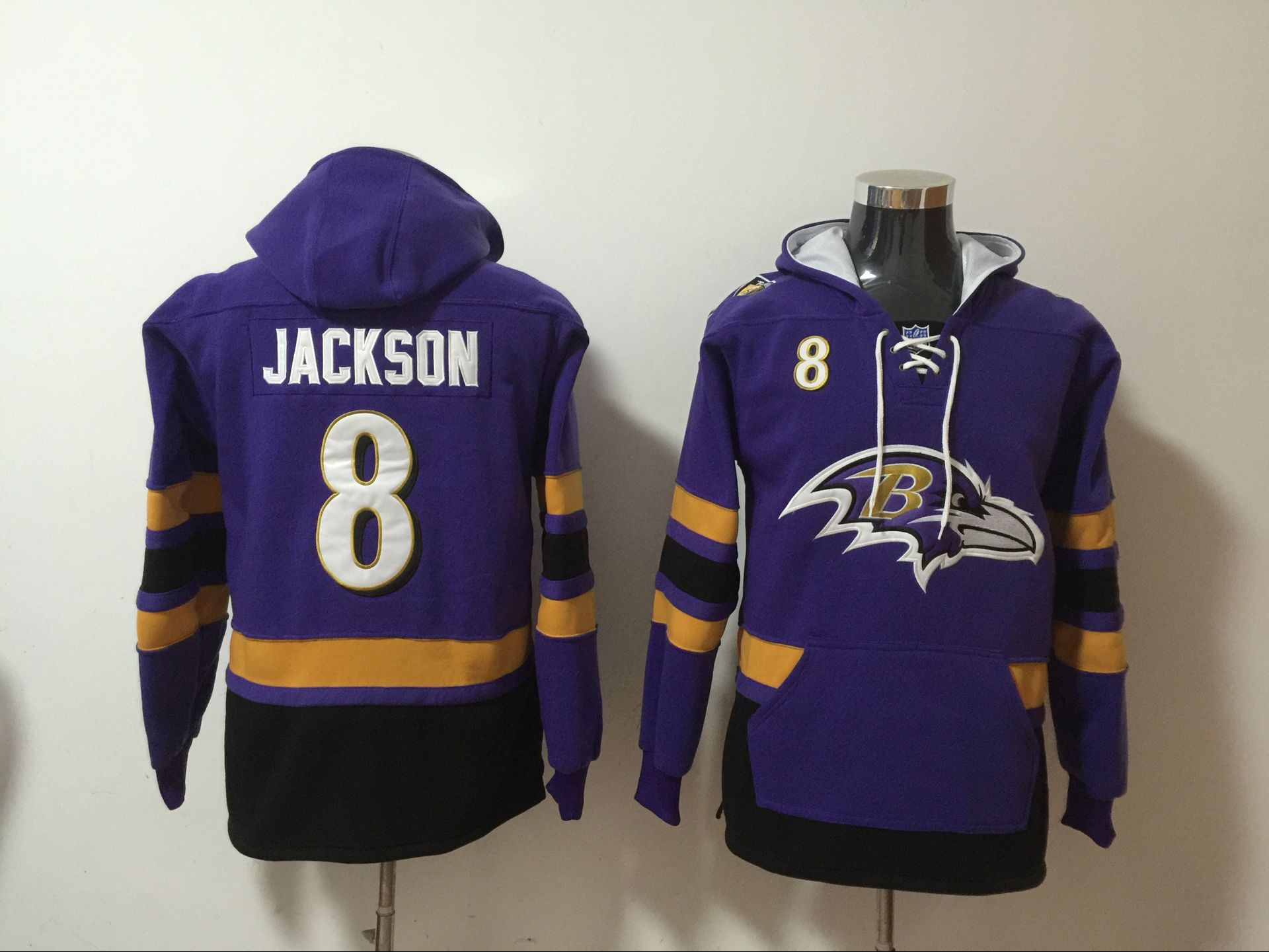 Men's Baltimore Ravens #8 Lamar Jackson Purple All Stitched NFL Hooded Sweatshirt