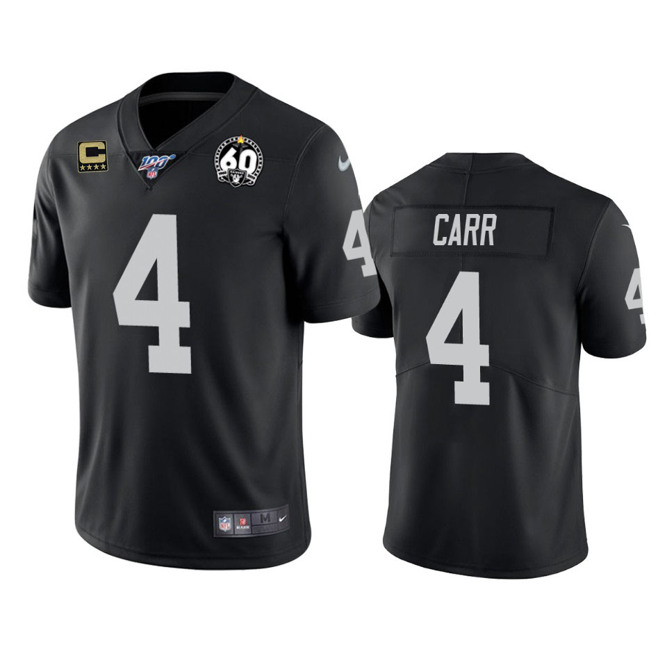 Men's Oakland Raiders #4 Derek Carr Black 60th Anniversary Vapor with C patch Limited Stitched NFL 100th season Jersey.