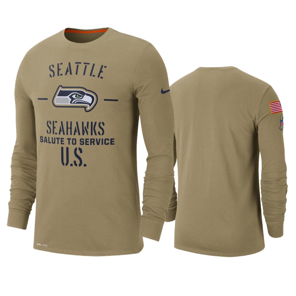 Men's Seattle Seahawks Tan 2019 Salute To Service Sideline Performance Long Sleeve Shirt.