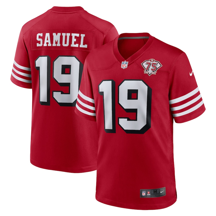 Men's San Francisco 49ers #19 Deebo Samuel Scarlet 2021 75th Anniversary Stitched NFL Game Jersey (Check description if you want Women or Youth size)