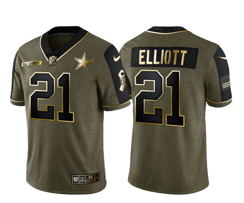 Men's Dallas Cowboys #21 Ezekiel Elliott 2021 Olive Salute To Service Golden Limited Stitched Jersey