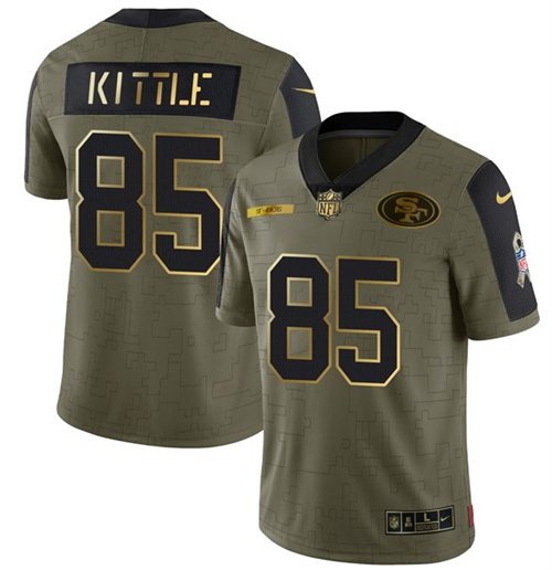 Men's San Francisco 49ers #85 George Kittle 2021 Olive Camo Salute To Service Golden Limited Stitched Jersey