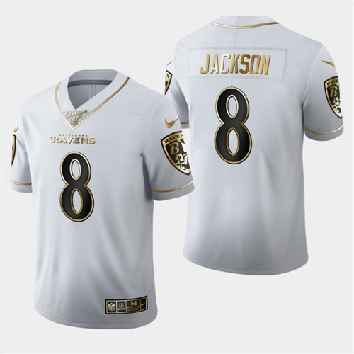 Men's Baltimore Ravens #8 Lamar Jackson White 2019 100th Season Golden Edition Limited Stitched NFL Jersey