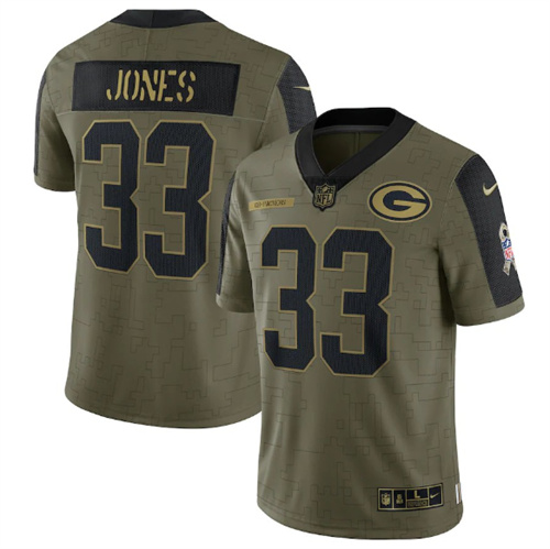 Men's Green Bay Packers #33 Aaron Jones 2021 Olive Salute To Service Limited Stitched Jersey