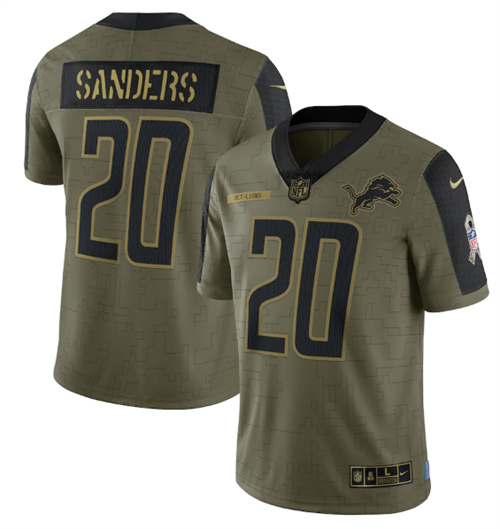 Men's Detroit Lions #20 Barry Sanders 2021 Olive Salute To Service Limited Stitched Jersey