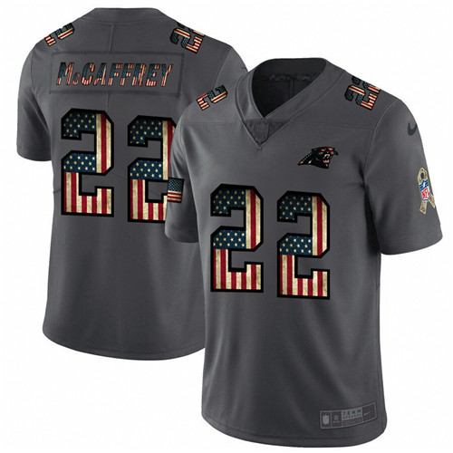 Men's Carolina Panthers #22 Christian McCaffrey Grey 2019 Salute To Service USA Flag Fashion Limited Stitched NFL Jersey