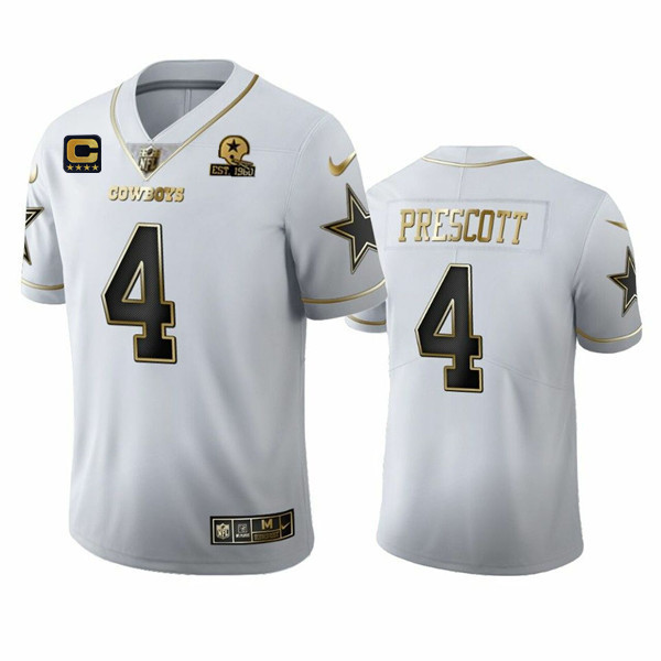 Men's Dallas Cowboys #4 Dak Prescott White Golden Edition With C Patch And 1960 Patch Limited Stitched Jersey