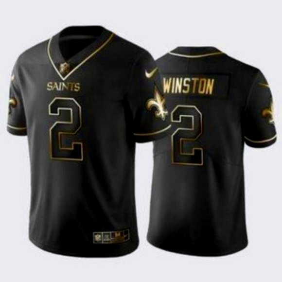 Men's New Orleans Saints #2 Jameis Winston Black Gold Stitched Jersey