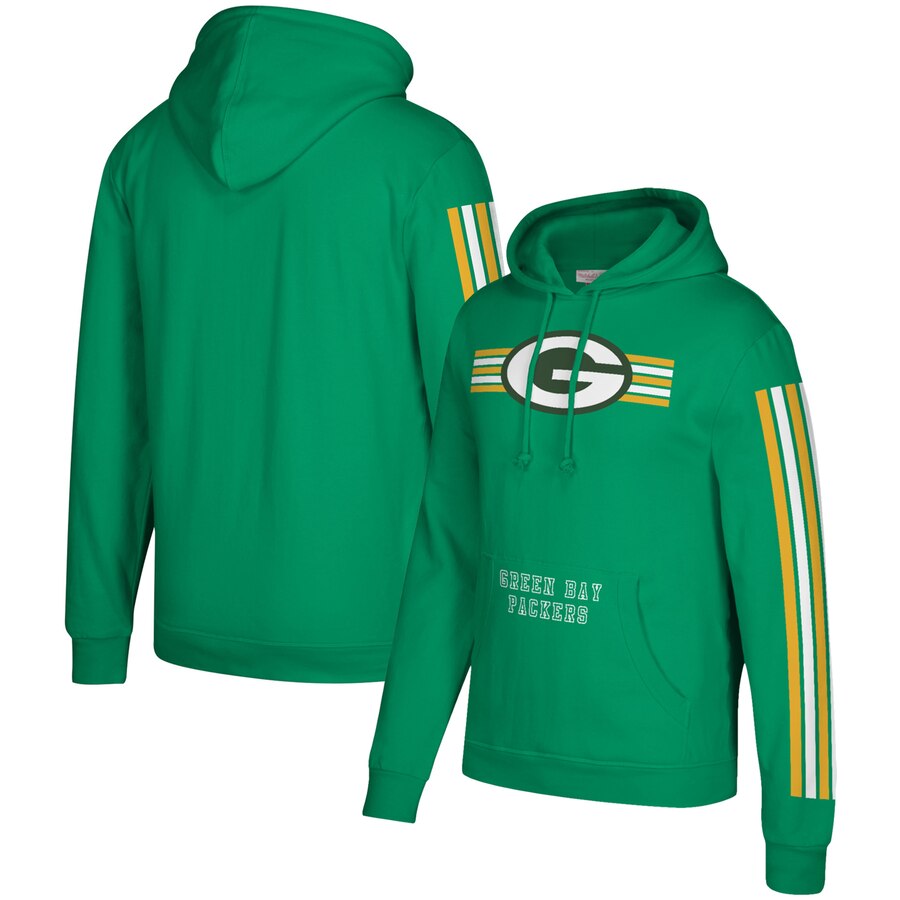 Men's Green Bay Packers 2019 Green Mitchell & Ness Three Stripe Pullover Hoodie