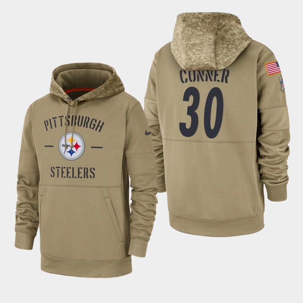 Men's Pittsburgh Steelers #30 James Conner Tan 2019 Salute To Service Sideline Therma Pullover Hoodie