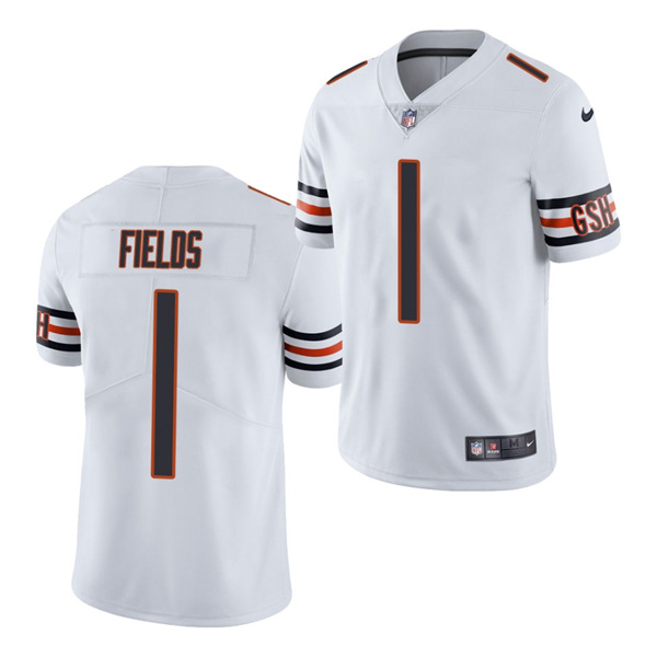 Men's Chicago Bears #1 Justin Fields White 2021 NFL Draft Vapor Untouchable Limited Stitched Jersey (Check description if you want Women or Youth size)