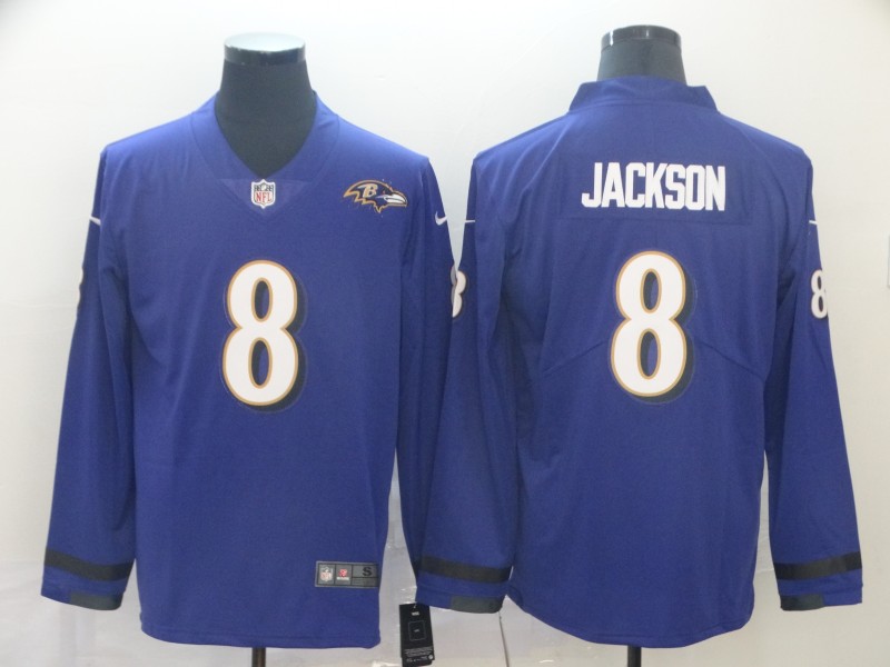 Men's Baltimore Ravens #8 Lamar Jackson Purple Therma Long Sleeve Stitched NFL Jersey