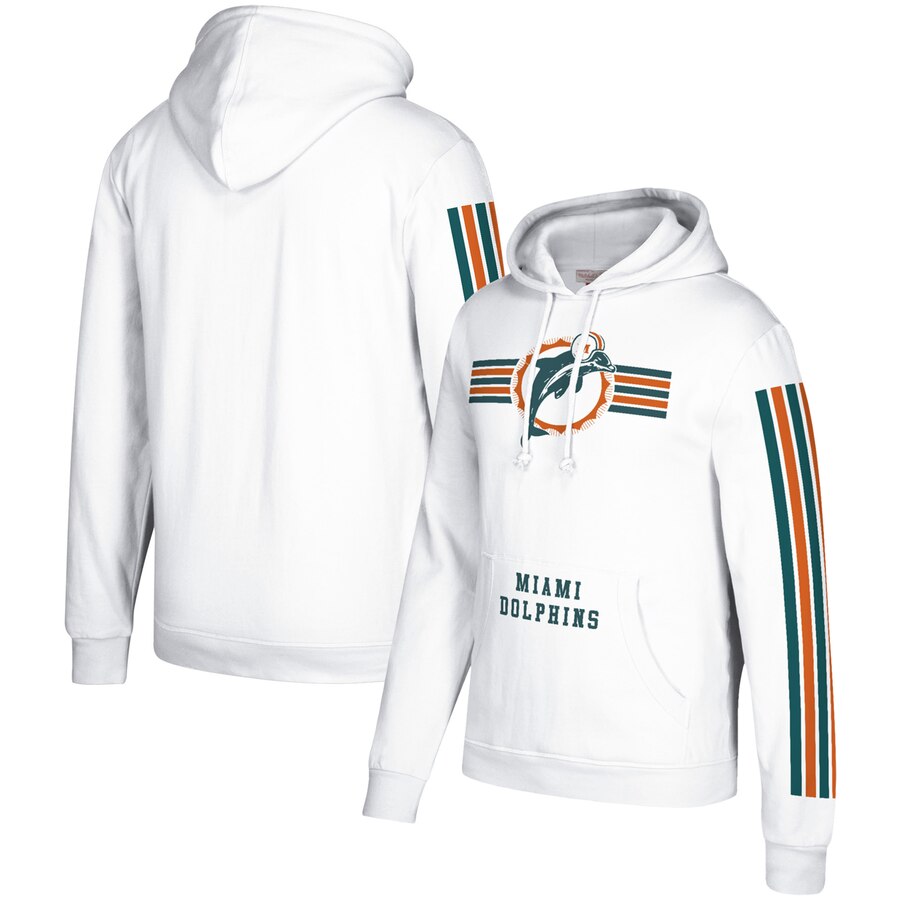 Men's Miami Dolphins 2019 White Mitchell & Ness Three Stripe Pullover Hoodie