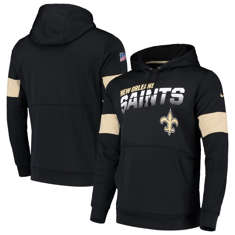 Men's New Orleans Saints Black 2019 100 Season Sideline Team Logo Performance Pullover Hoodie