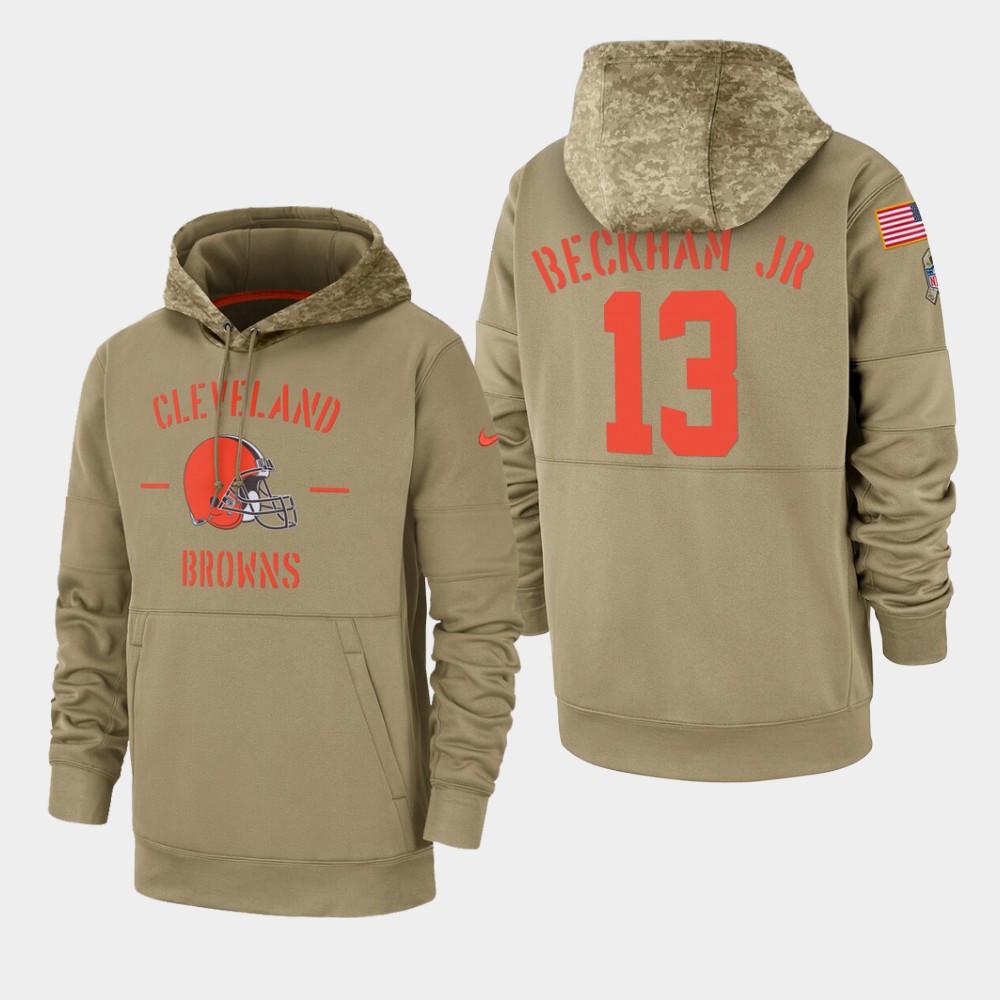Men's Cleveland Browns #13 Odell Beckham Jr. Tan 2019 Salute To Service Sideline Therma Pullover Hoodie