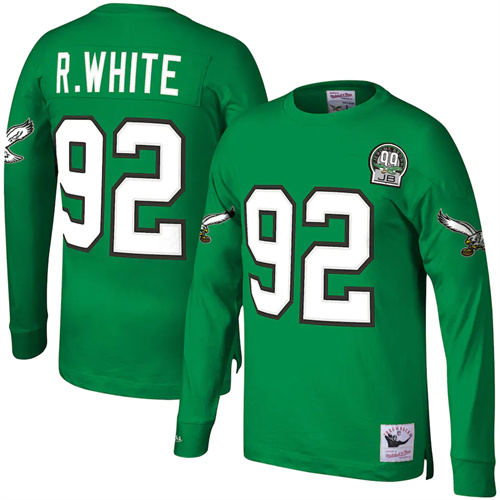 Philadelphia Eagles #92 Reggie White Kelly Green Mitchell & Ness Throwback Stitched Long Sleeve Jersey