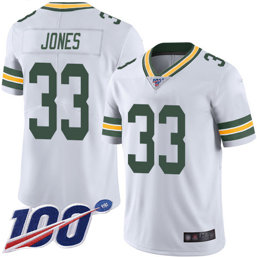 Men's Green Bay Packers #33 Aaron Jones 2019 White 100th Season Vapor Untouchable Limited Stitched NFL Jersey