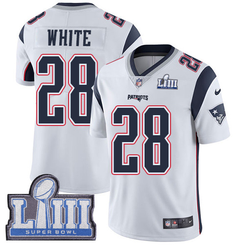 Men's New England Patriots # 28 James White White Super Bowl LIII Vapor Untouchable Limited Stitched NFL Jersey