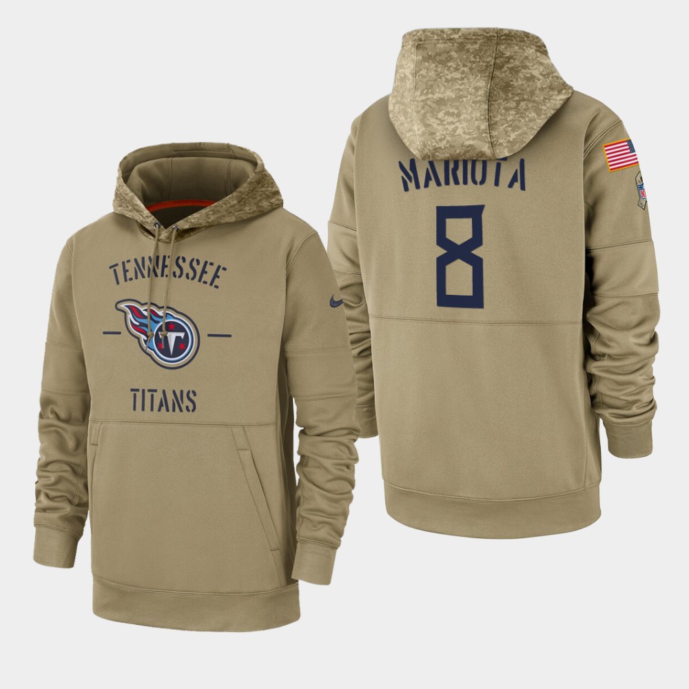 Men's Tennessee Titans #8 Marcus Mariota Tan 2019 Salute To Service Sideline Therma Pullover Hoodie