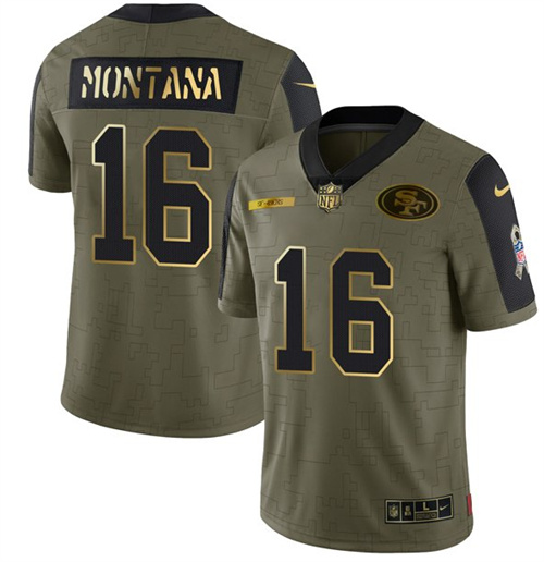 Men's San Francisco 49ers #16 Joe Montana 2021 Olive Camo Salute To Service Golden Limited Stitched Jersey