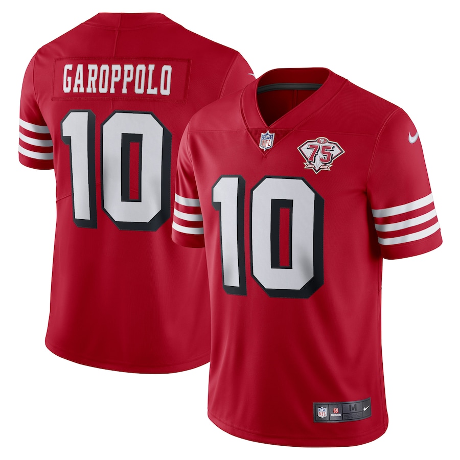 Men's San Francisco 49ers #10 Jimmy Garoppolo Scarlet 2021 75th Anniversary Vapor Untouchable Limited Stitched NFL Jersey (Check description if you want Women or Youth size)