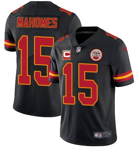 Men's Kansas City Chiefs #15 Patrick Mahomes Black With C Patch Limited Stitched NFL Jersey