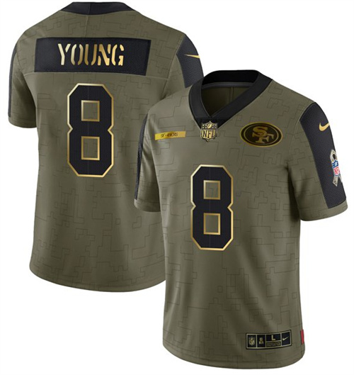 Men's San Francisco 49ers #8 Steve Young 2021 Olive Camo Salute To Service Golden Limited Stitched Jersey