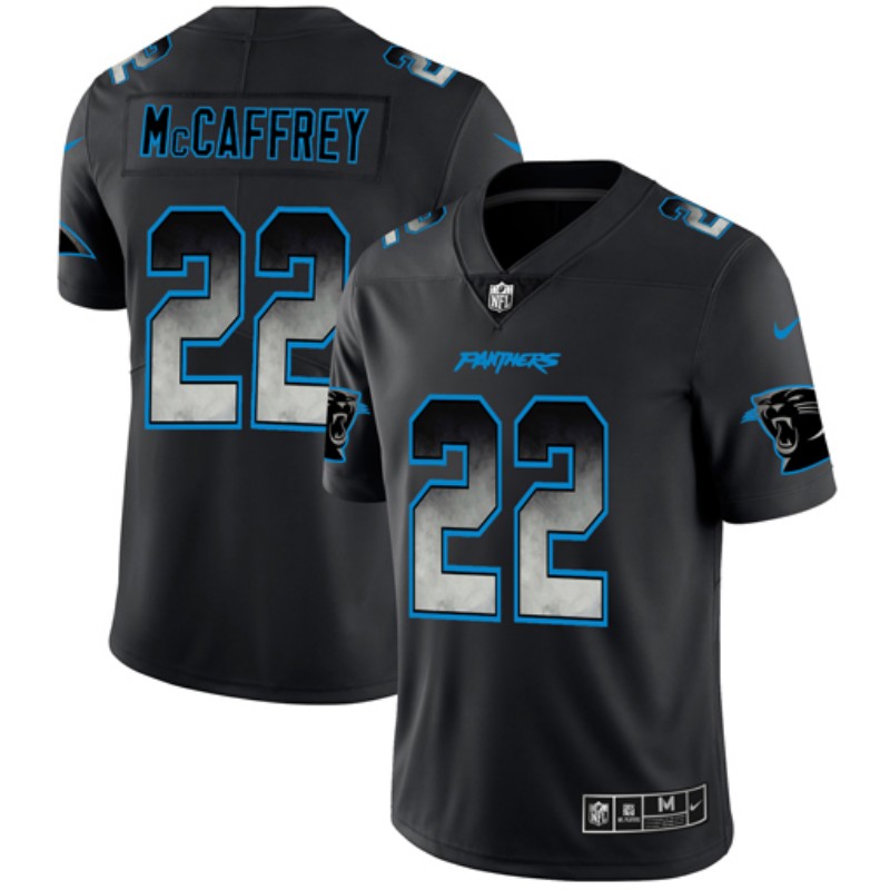 Men's Carolina Panthers #22 Christian McCaffrey Black 2019 Smoke Fashion Limited Stitched NFL Jersey.