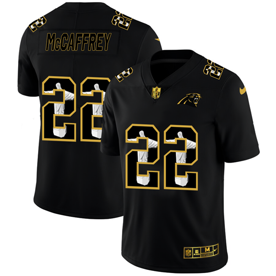Men's Carolina Panthers #22 Christian McCaffrey 2020 Black Jesus Faith Edition Limited Stitched Jersey