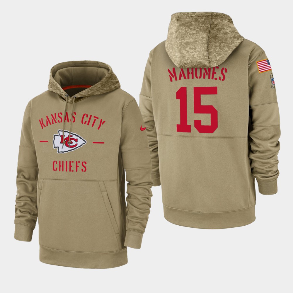 Men's Kansas City Chiefs #15 Patrick Mahomes Tan 2019 Salute To Service Sideline Therma Pullover Hoodie