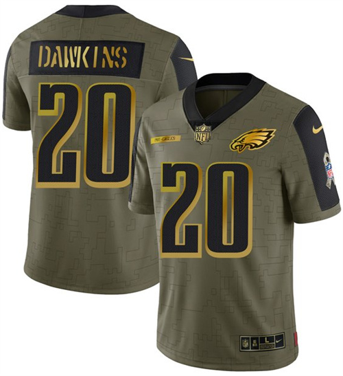 Men's Philadelphia Eagles #20 Brian Dawkins 2021 Olive Camo Salute To Service Golden Limited Stitched Jersey