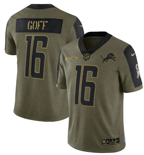 Men's Detroit Lions #16 Jared Goff 2021 Olive Salute To Service Limited Stitched Jersey